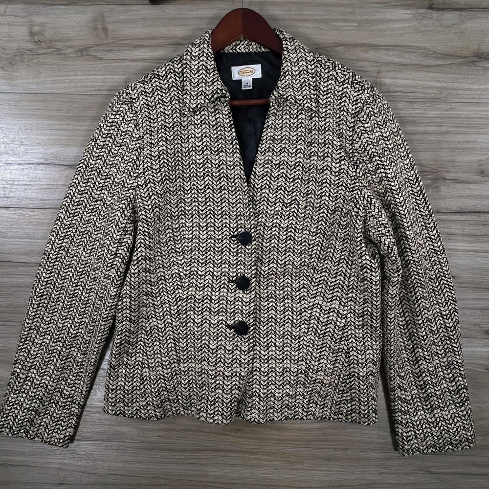 Talbots Womens Black Silver Metallic Chevron Woven Blazer Jacket Size 14